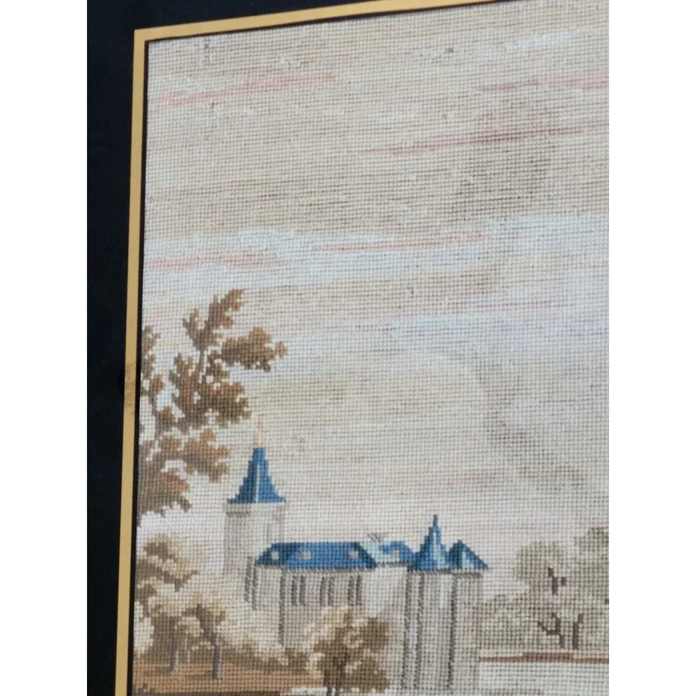 Big Antique Needlepoint Pastoral Scene Framed Picture Cows Horses Maidens Castle